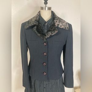 Vtg pinup girl style cropped navy blazer leopard collar